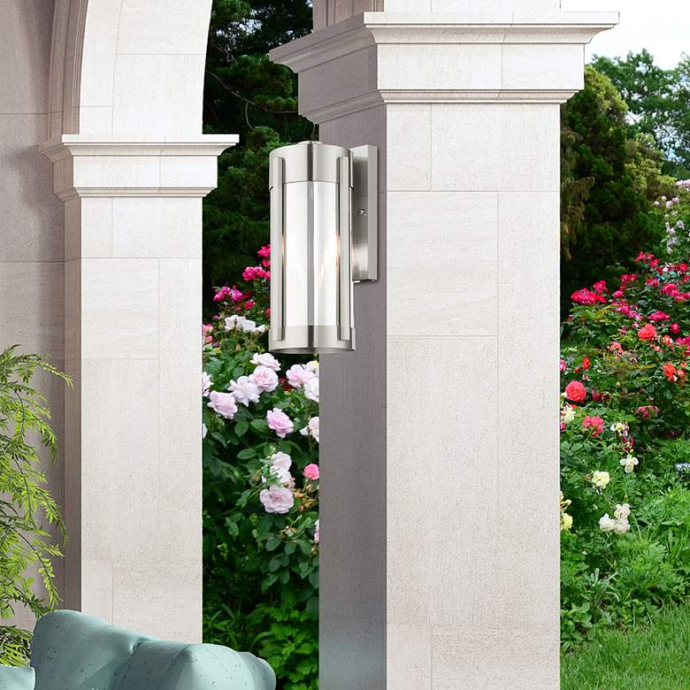 Image 1 Sheridan 16" High Brushed Nickel 2-Light Outdoor Wall Light in scene