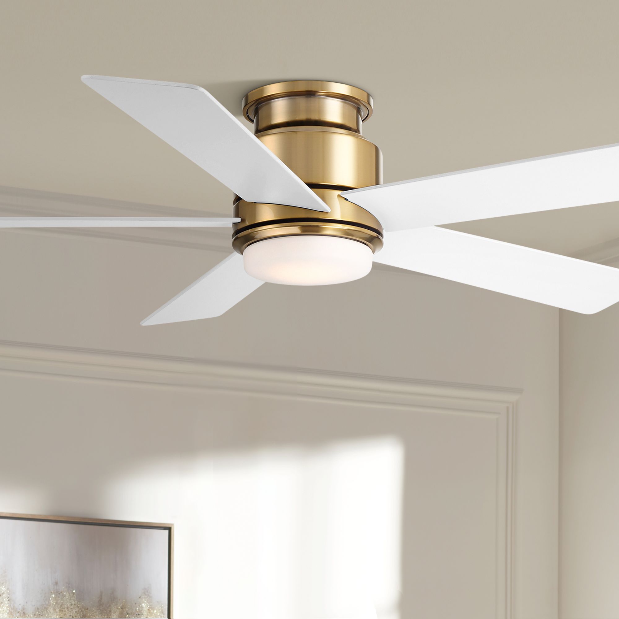 Image 1 52" Casa Vieja Grand Palm Soft Brass LED Damp Rated Hugger Fan in scene