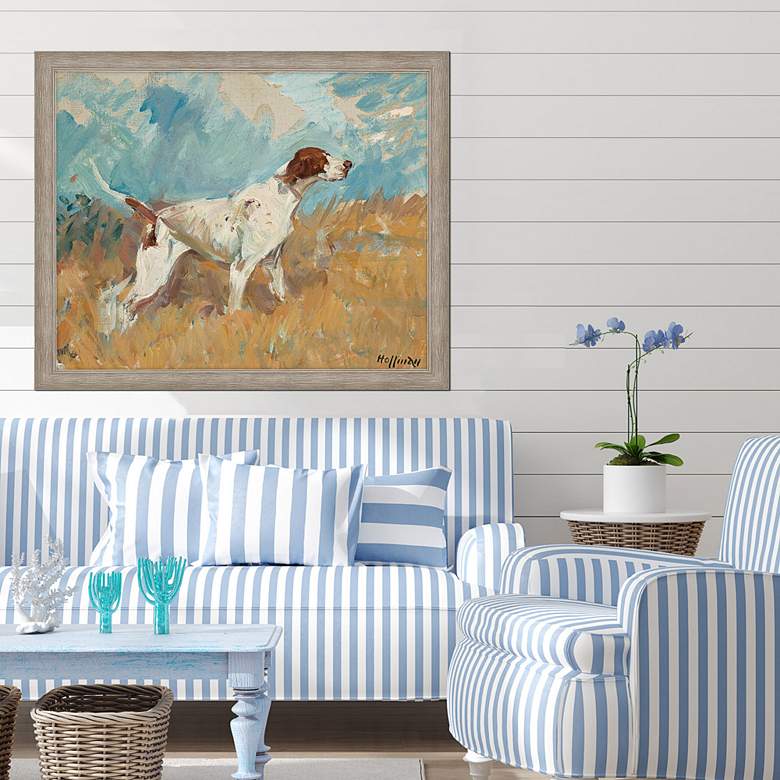 Image 1 English Setter on Watch 44" High Wood Framed Giclee Wall Art in scene