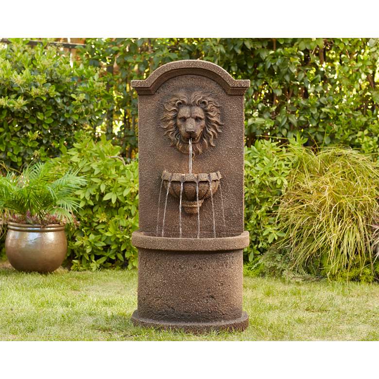 Image 1 Lion Face 45 inchH Sandstone Outdoor LED Wall/Floor Fountain in scene