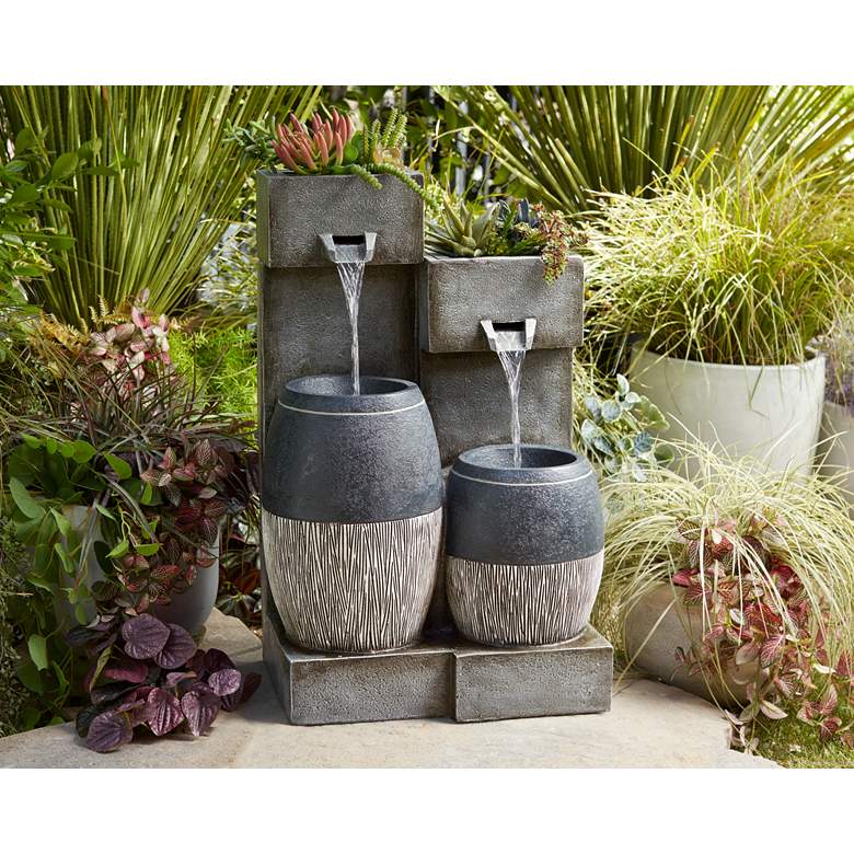 Image 1 Mendit 29 inch High Gray Stone 2-Jar Outdoor LED Floor Fountain in scene