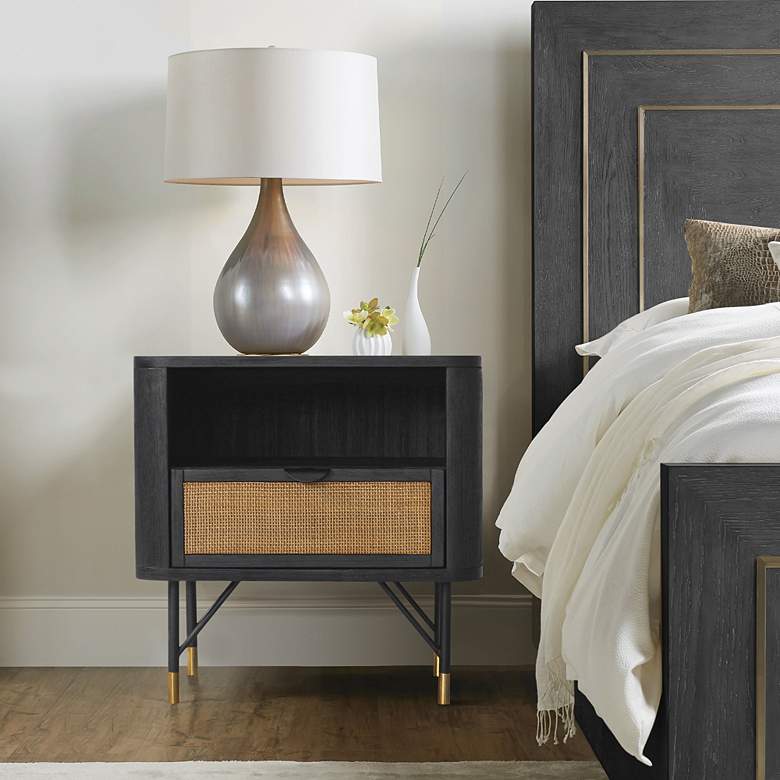 Image 1 Saratoga 22" Wide Black Acacia 1-Drawer Nightstand in scene