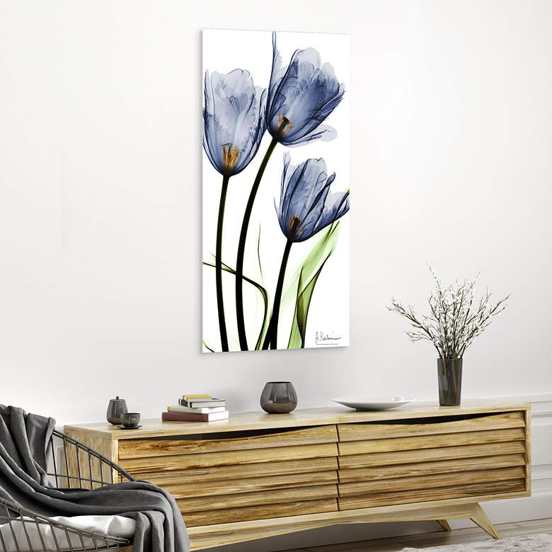 Image 1 Three Blue Tulips 48" High Tempered Glass Graphic Wall Art in scene