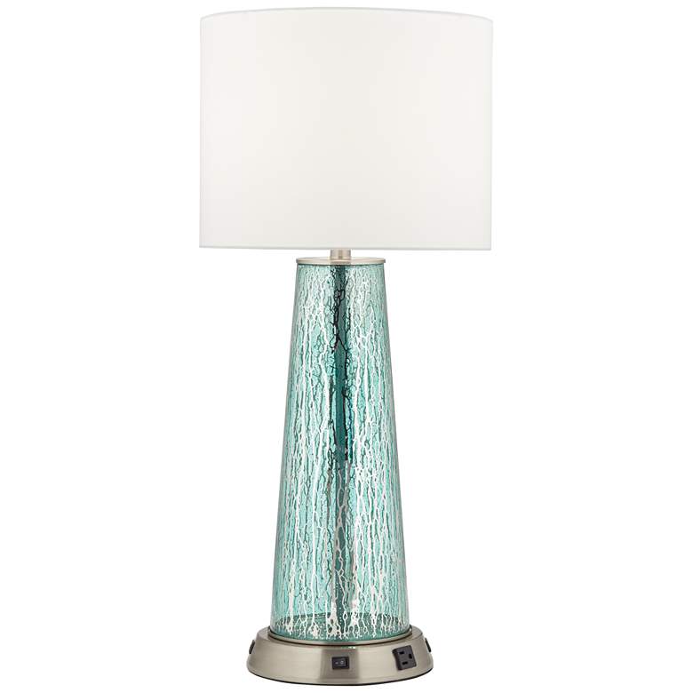 Image 1 82Y90 - Blue Mercury Glass Table Lamp with Brushed Nickel Base 2USB 1Outlet