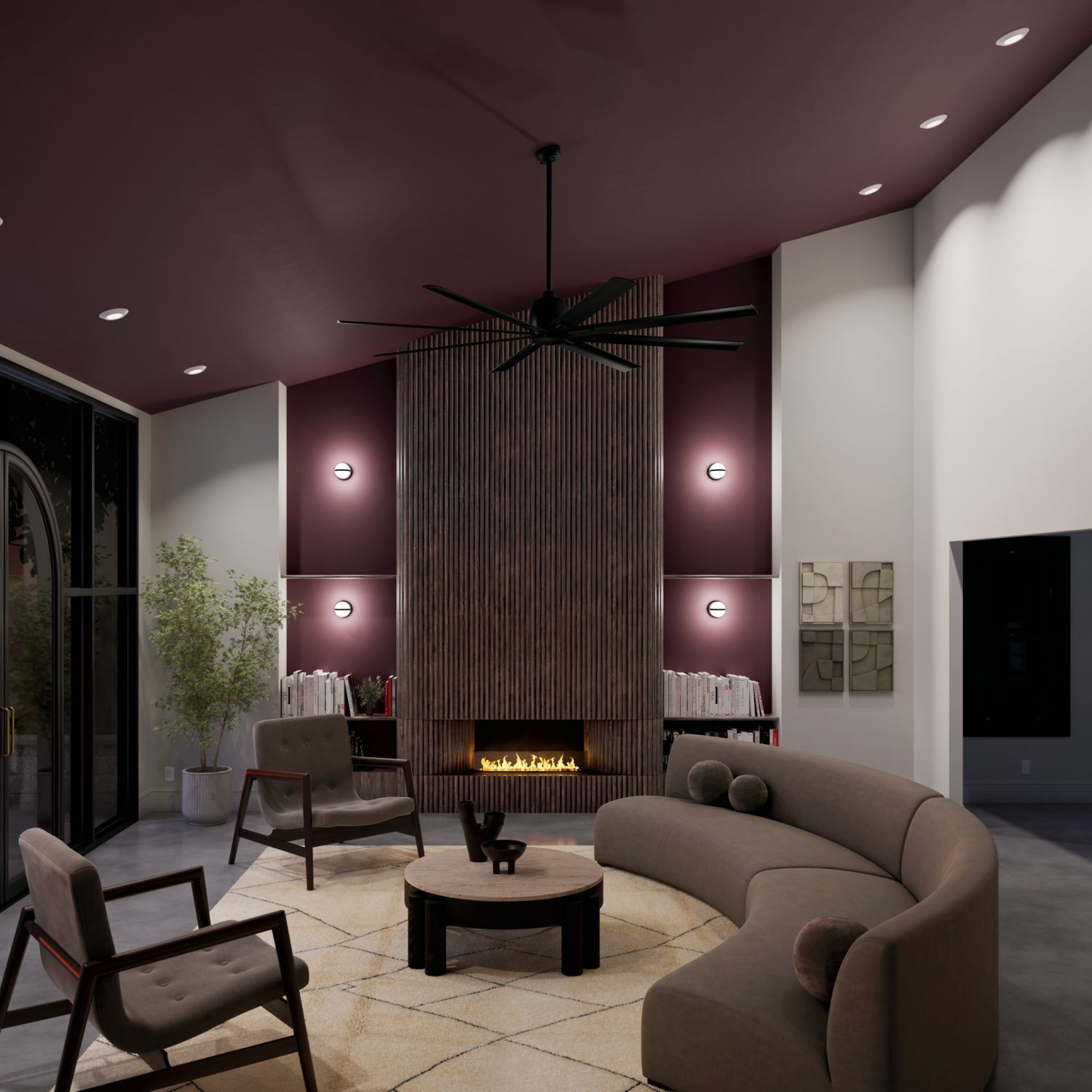 84" Kichler Breda Satin Black Large Outdoor Ceiling Fan with Remote in scene