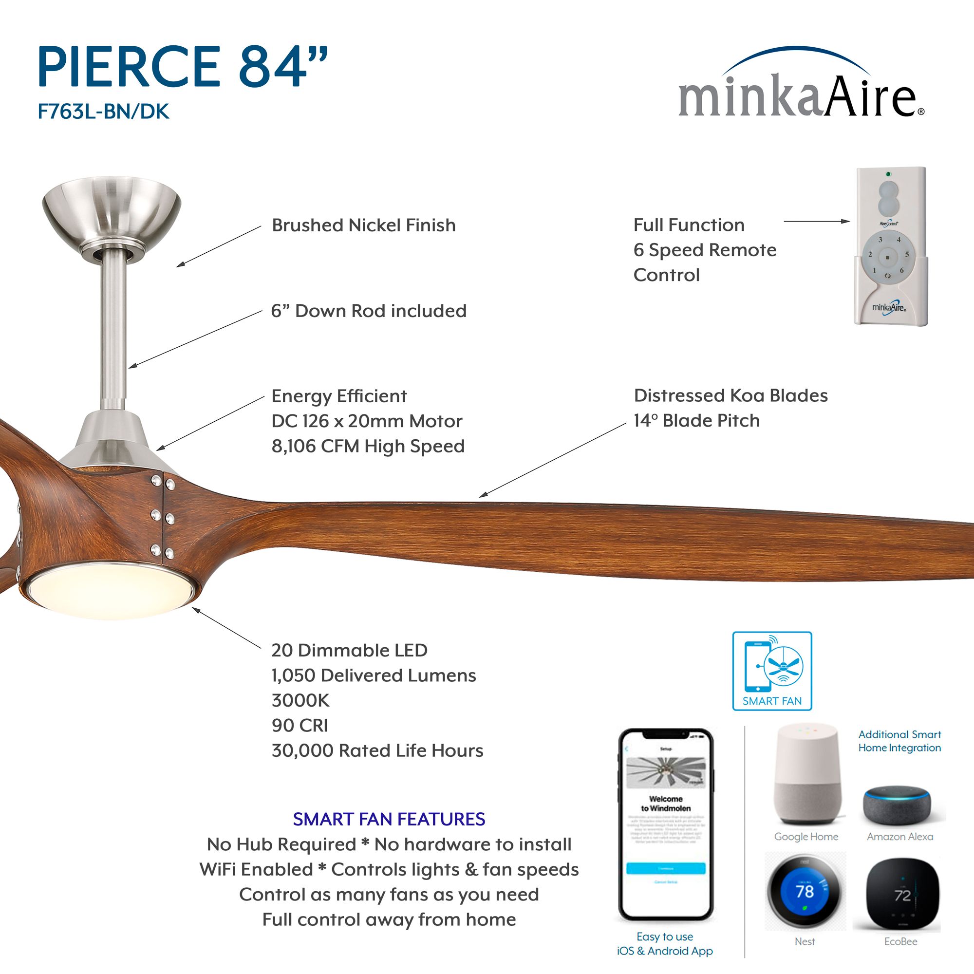 Image 3 84" Minka Aire Pierce Brushed Nickel LED Smart Ceiling Fan more views