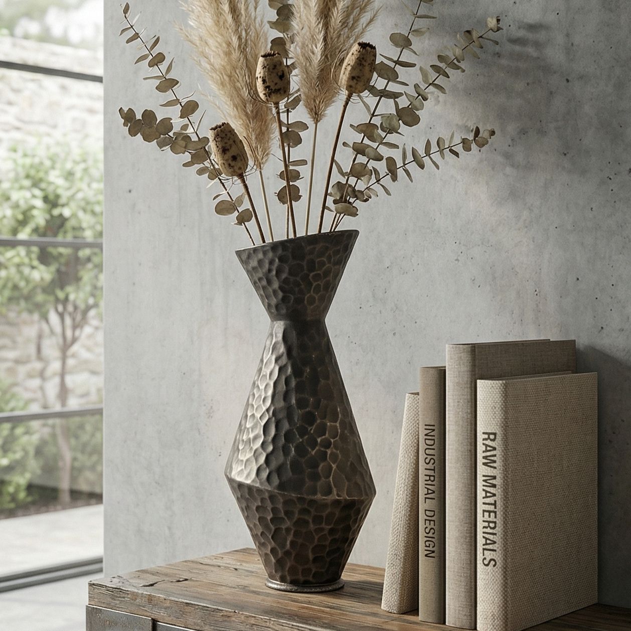 Malia 17" High Hammered Weathered Black Rustic Metal Vase in scene