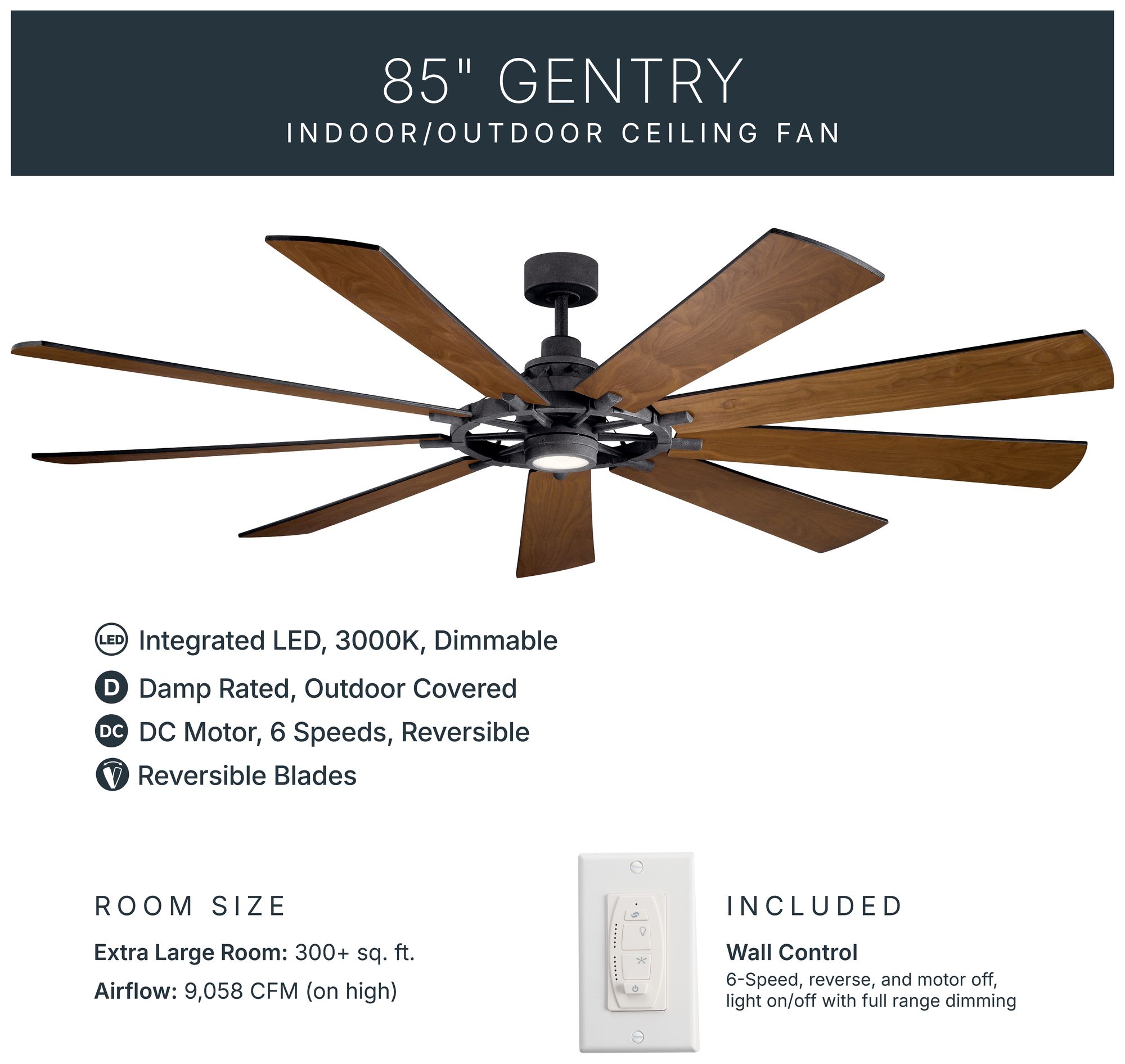 85" Kichler Gentry Distressed Black LED Ceiling Fan