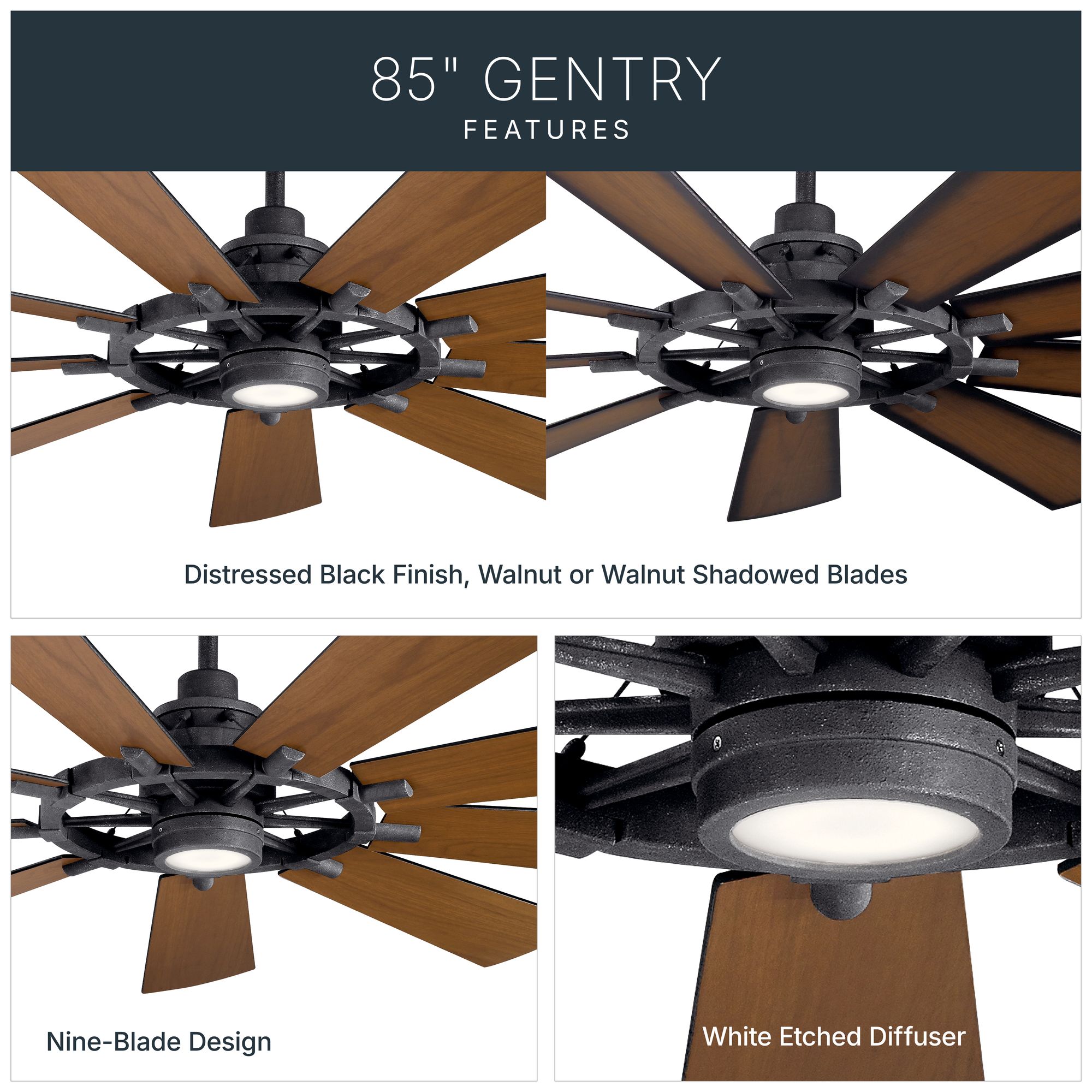 85" Kichler Gentry Distressed Black LED Ceiling Fan