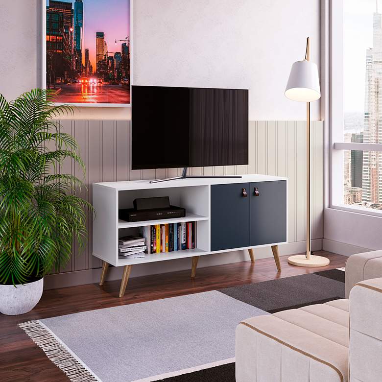 Image 1 Amber 53 3/4" Wide Matte White Blue Wood 2-Door TV Stand in scene