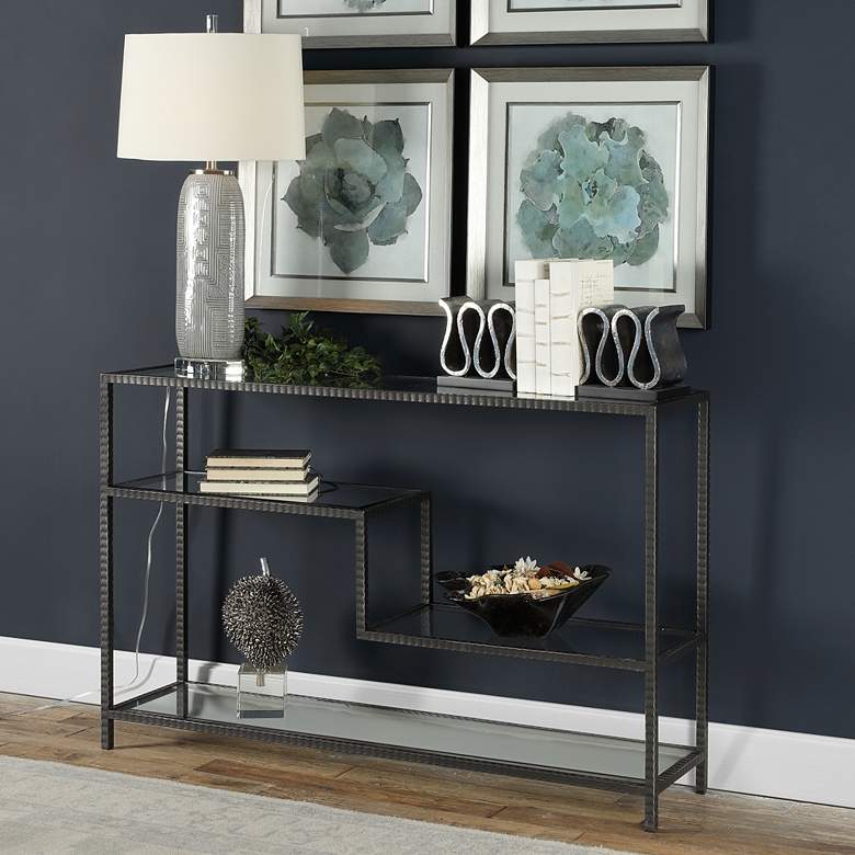 Image 1 Uttermost Leo 52" Wide Aged Gunmetal Iron Console Table in scene
