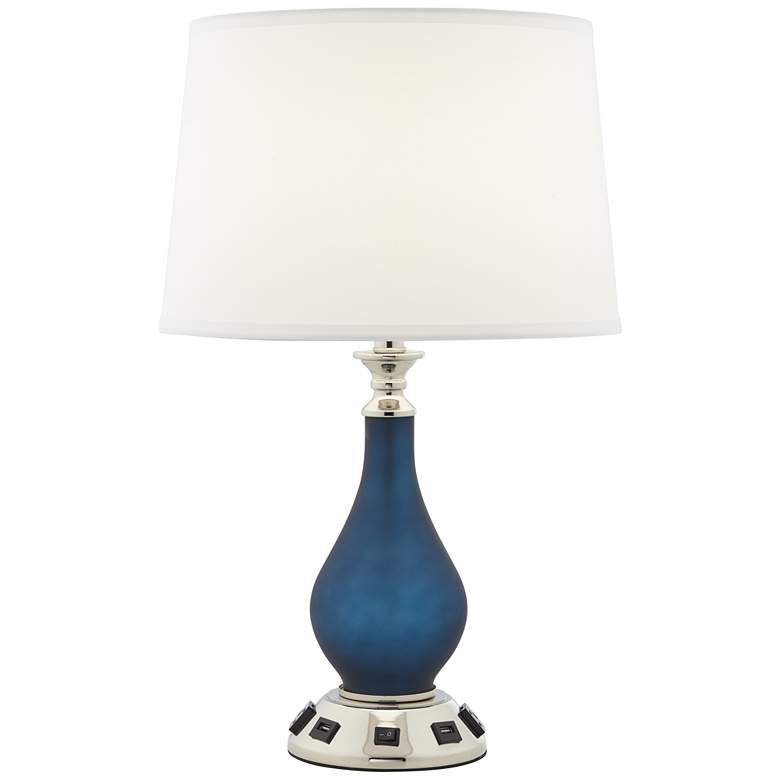 Image 1 85F34 - Frosted Midnight Blue Glass Table Lamp with 2 Outlets 2 USBs