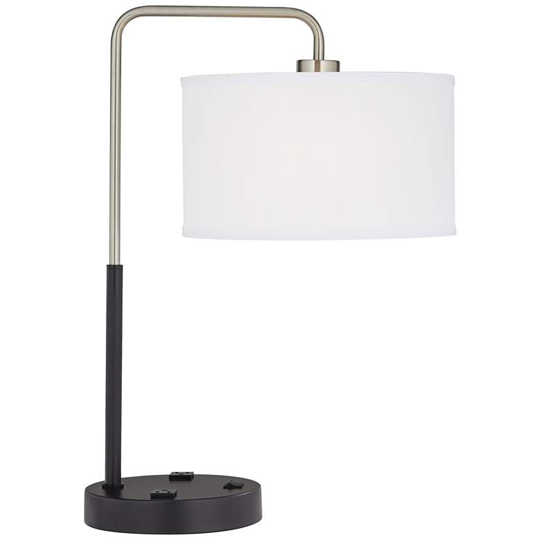 Image 1 86F16 - Black and Brushed Nickel Double Table Lamp with 2 Outlet