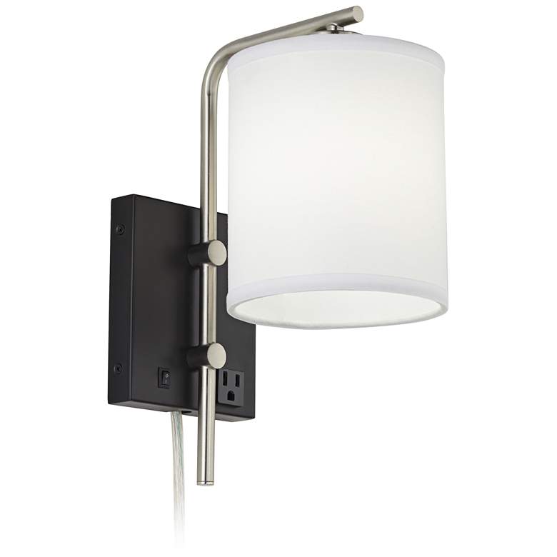 Image 1 86F17 - Black and Brushed Nickel Wall/HB Lamp with 1 Outlet