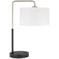 86F19 - Black and Silver Desk Lamp with Outlet, USB, &amp; Wireless Charger