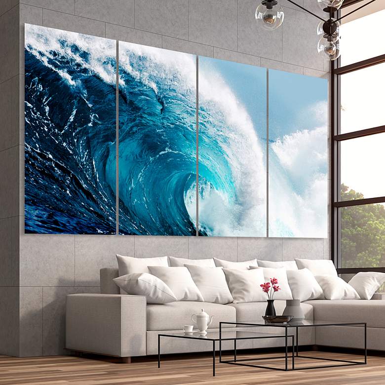 Image 1 Blue Wave 114 inchW Tempered Glass 4-Piece Graphic Wall Art Set in scene