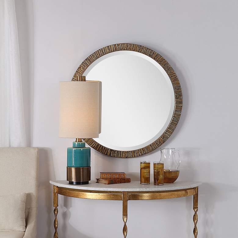 Image 1 Wayde Distressed Metallic Gold Wood 30" Round Wall Mirror in scene