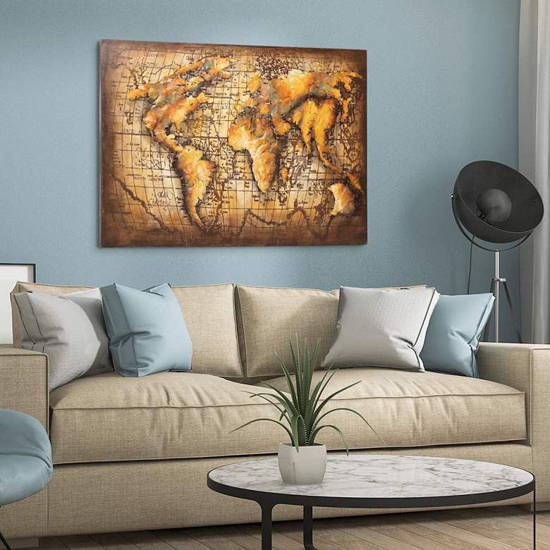 Image 1 Globe Map 48" Wide Mixed Media Metal Dimensional Earth Wall Art in scene