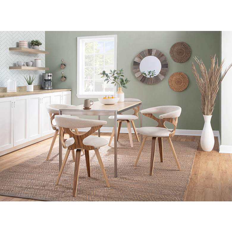 Image 1 Gardenia Cream Fabric and Zebra Wood Modern Swivel Dining Chair in scene