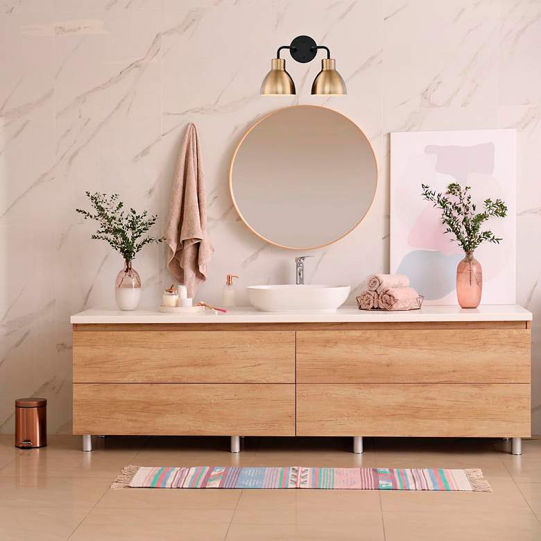 Image 1 Sloan; 2 Light; Vanity; Matte Black and Burnished Brass Finish in scene