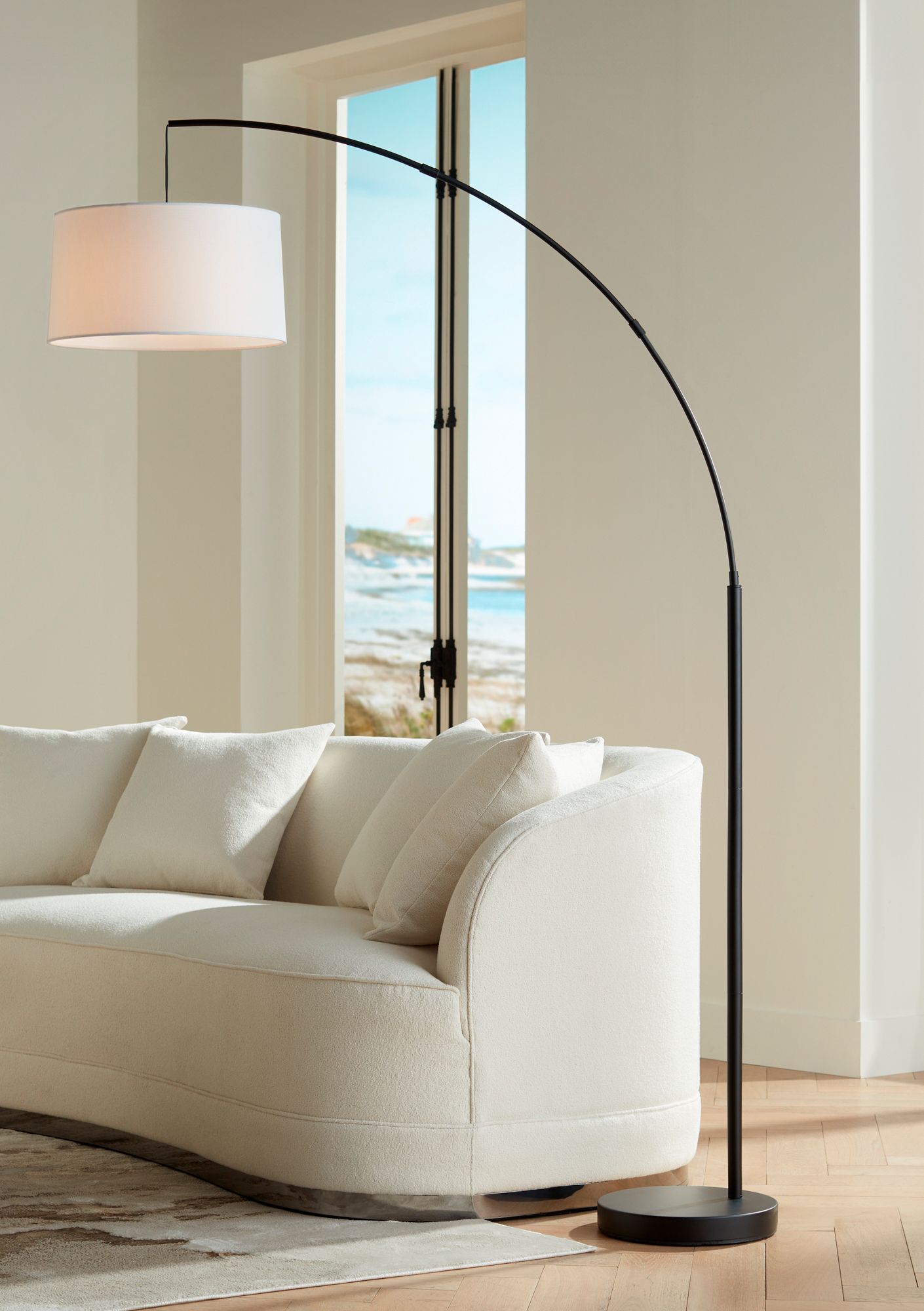 Thumbnail1 of 360 Lighting Cora 72" High Black Finish Modern Arc Floor Lamp in scene