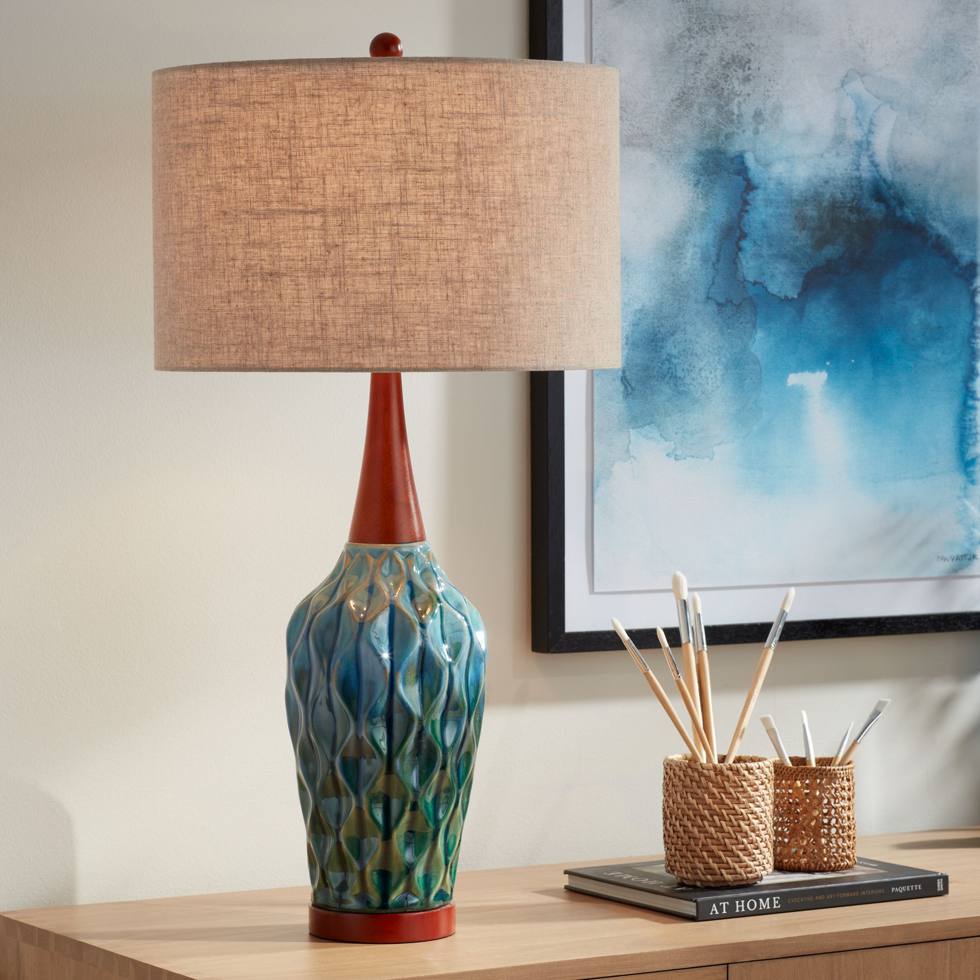 Image 1 Possini Euro Rocco 30" Blue Ceramic Mid-Century Table Lamp with Dimmer in scene