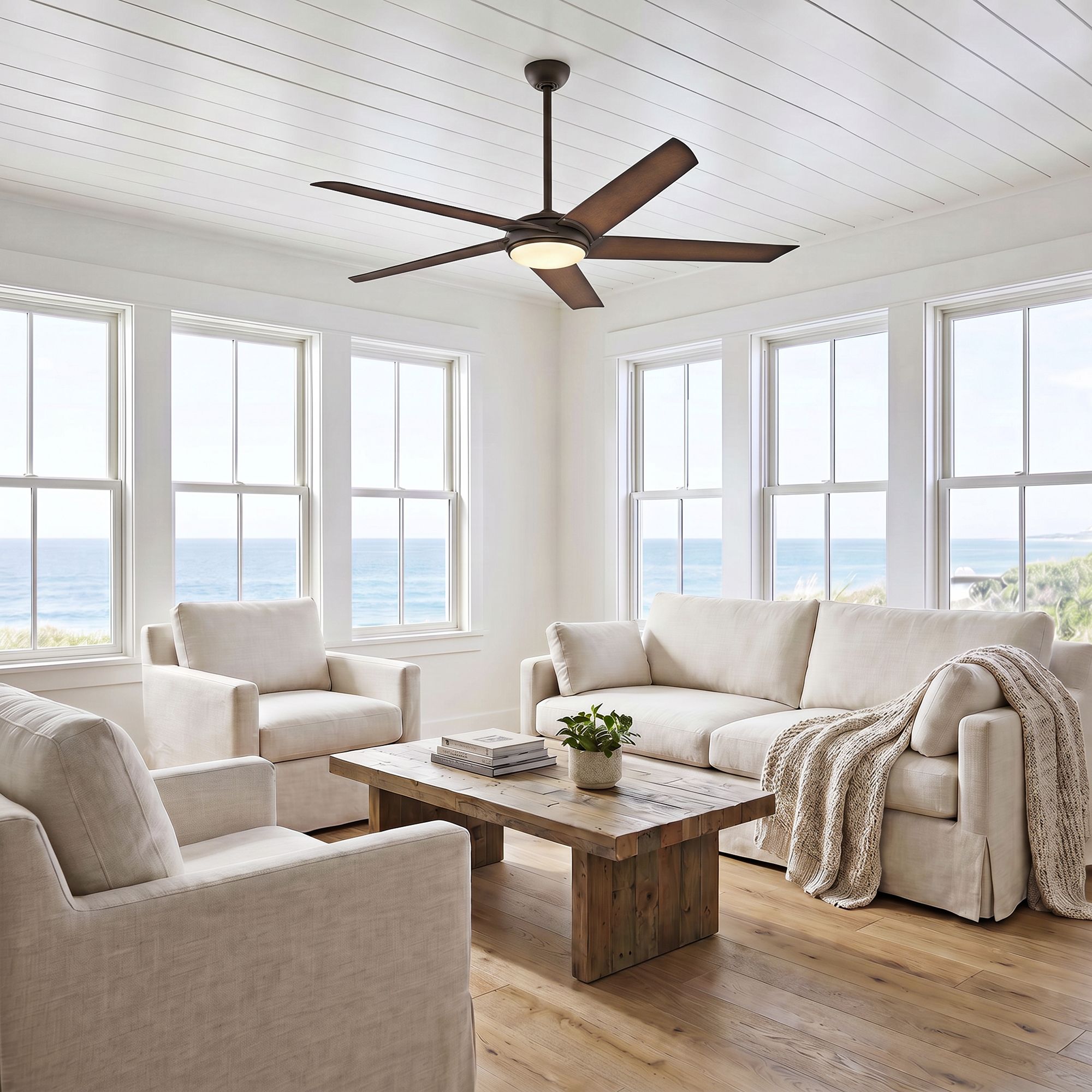 Image 1 Minka Aire Raptor 60-inch LED Oil Rubbed Bronze and Brass Ceiling Fan in scene