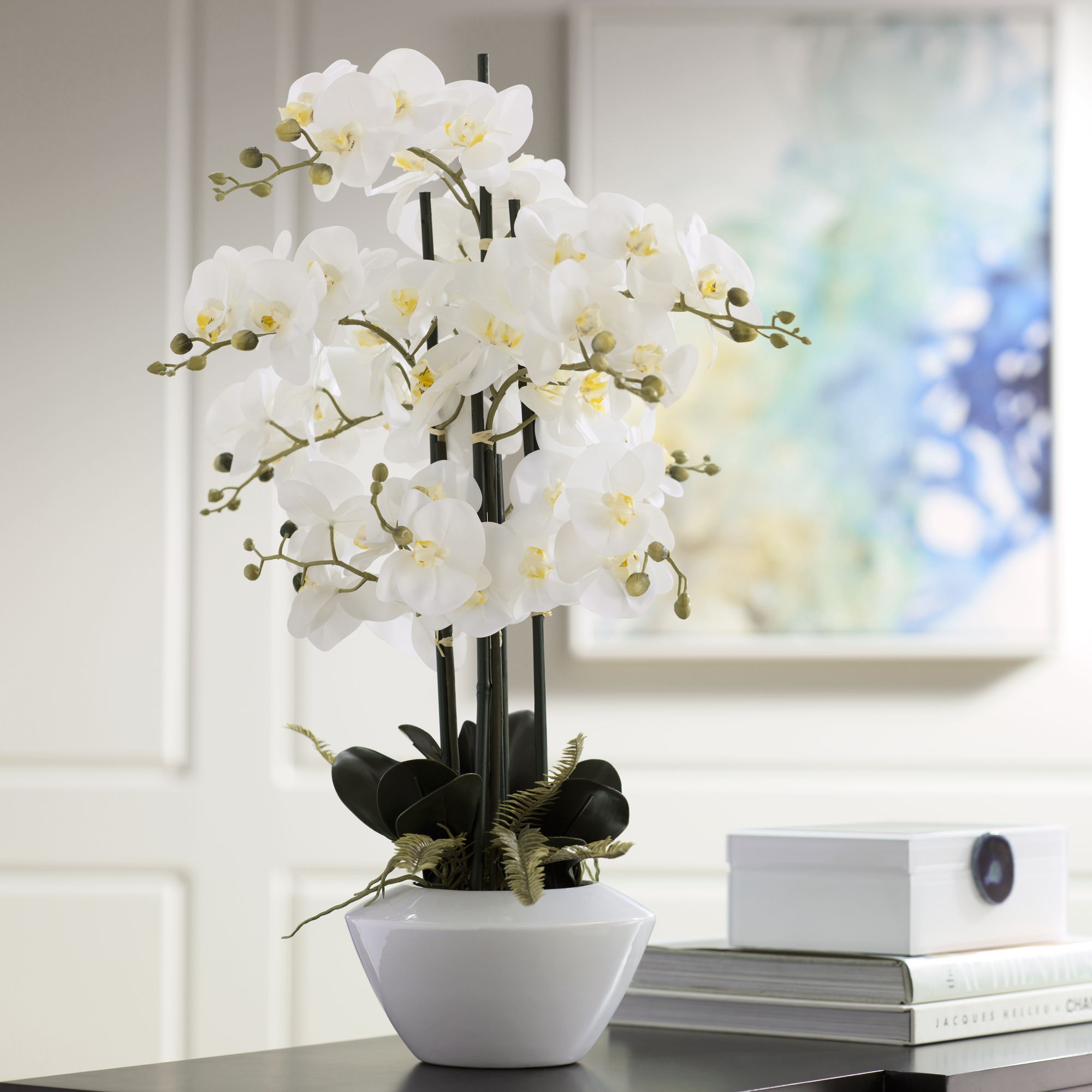 Artificial Silk Flower Arrangement Silver & White Flowers Mirror Vase Lights 