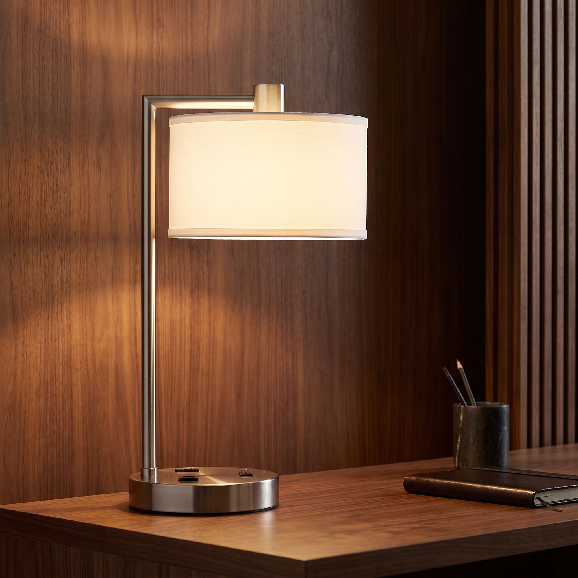 Watch A Video About the Colby Brushed Nickel Desk Lamp with Outlet and USB Port