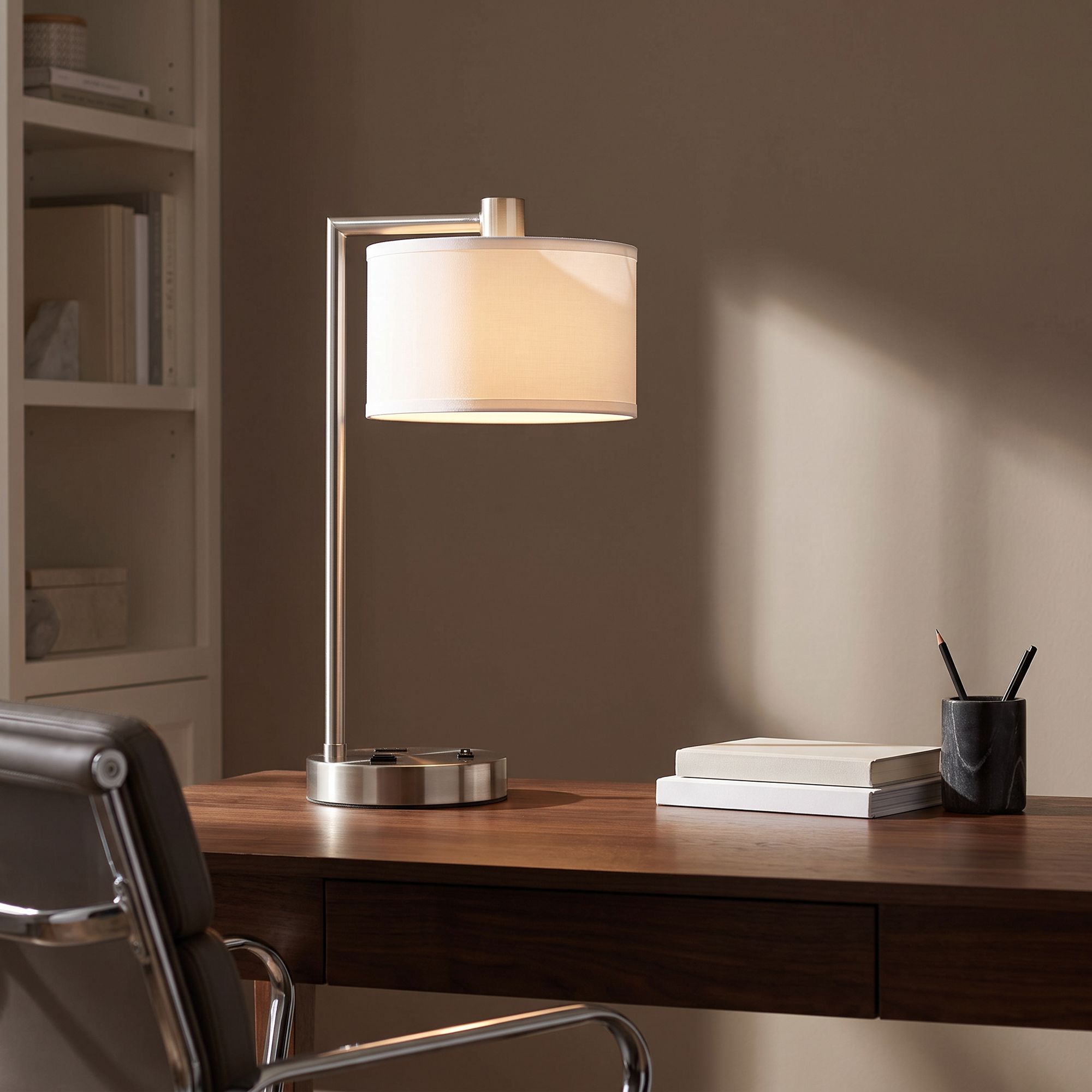 Watch A Video About the Colby Brushed Nickel Desk Lamp with Outlet and USB Port
