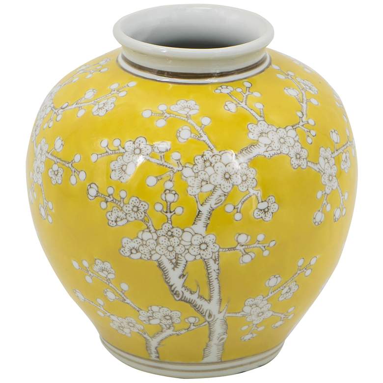 Image 1 9.1 inch High Wide Yellow and White  Curved Plum Blossom Vase