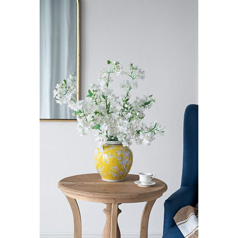 Image 7 9.1" High Wide Yellow and White Curved Plum Blossom Vase more views