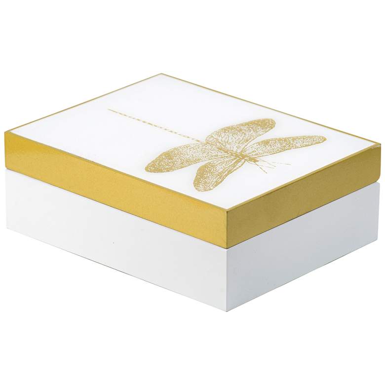 Image 1 9.1 inch White &#38; Gold Rectangular Dragonfly Box