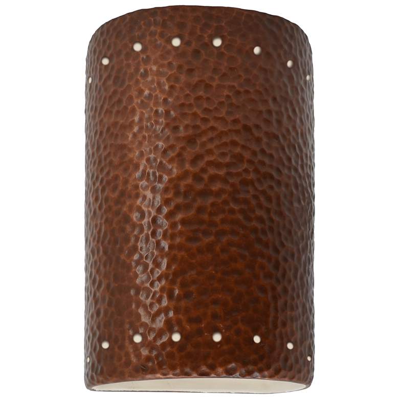 Image 1 9.5 inch Ceramic Cylinder ADA Hammered Copper LED Outdoor Sconce w/ Perfs