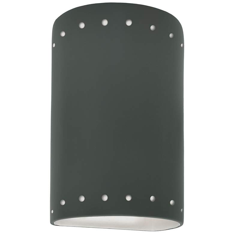 Image 1 9.5 inch Ceramic Cylinder ADA Pewter Green LED Outdoor Sconce w/ Perfs
