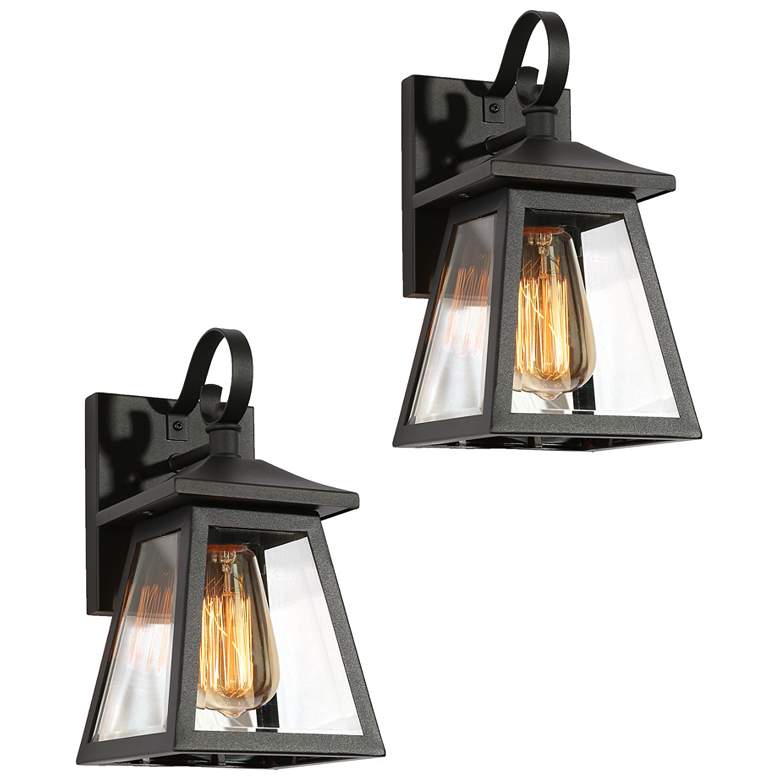 Image 1 9.8" High Textured Black Geometric Metal Outdoor Lantern Wall Light