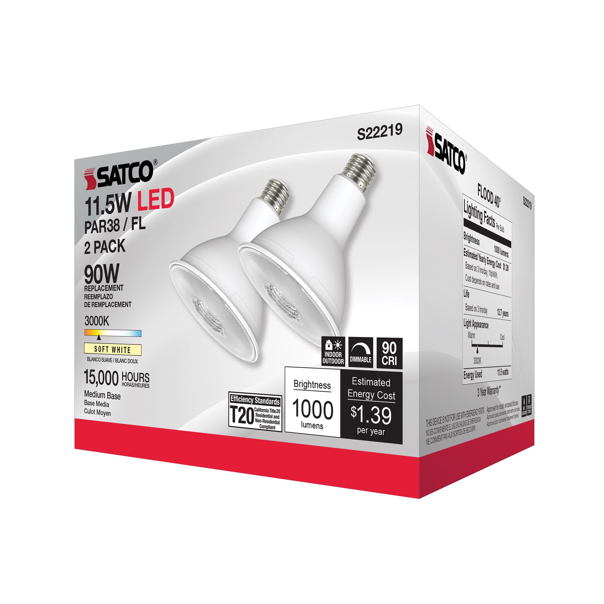 90 Watt Equivalent Satco Clear 11.5W LED Dimmable E26 2-Pack in scene