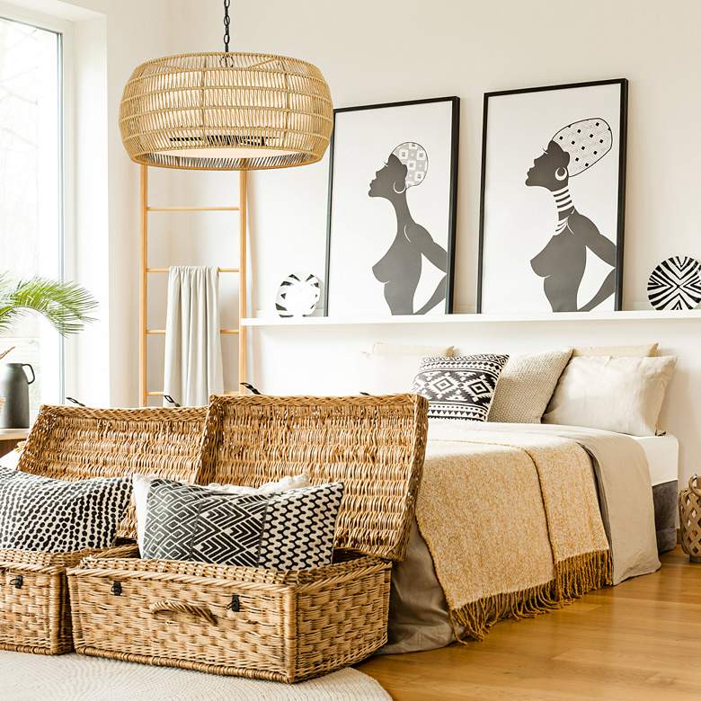 Image 1 Everly 27 1/4" Wide Matte Black Chandelier w/ Rattan Shade in scene