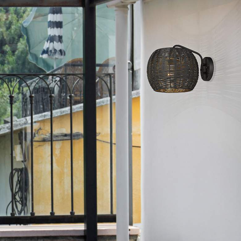 Image 1 Vail 9" High Natural Black and Rattan Outdoor Wall Light in scene