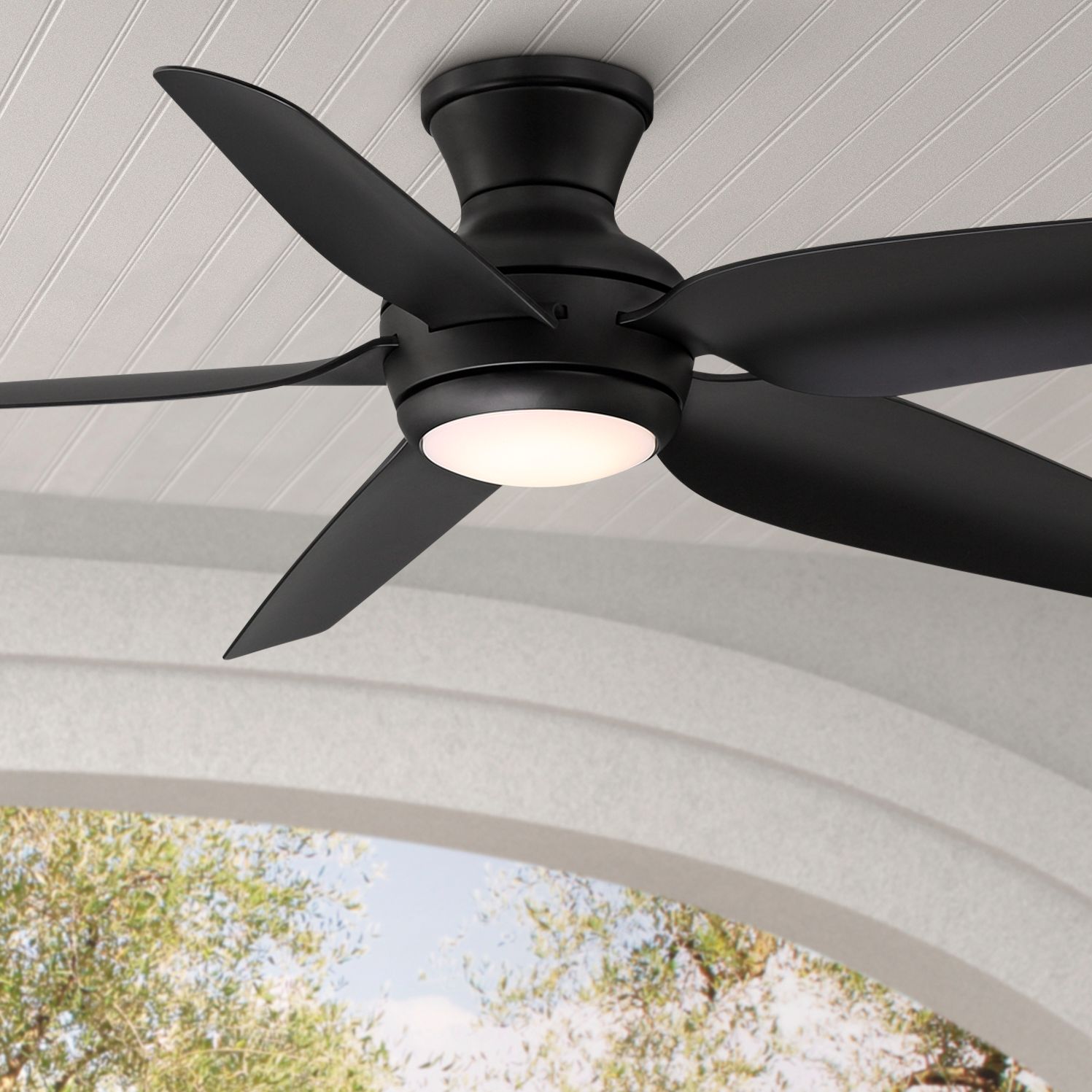 Thumbnail1 of 52" Casa Vieja Del Diego Black Damp Rated Hugger Fan with Remote in scene