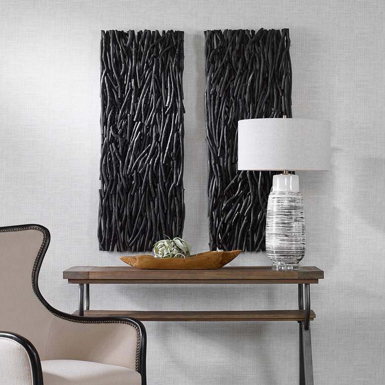 Image 1 Uttermost Gathered Black Teak 49" High Wood Wall Decor in scene
