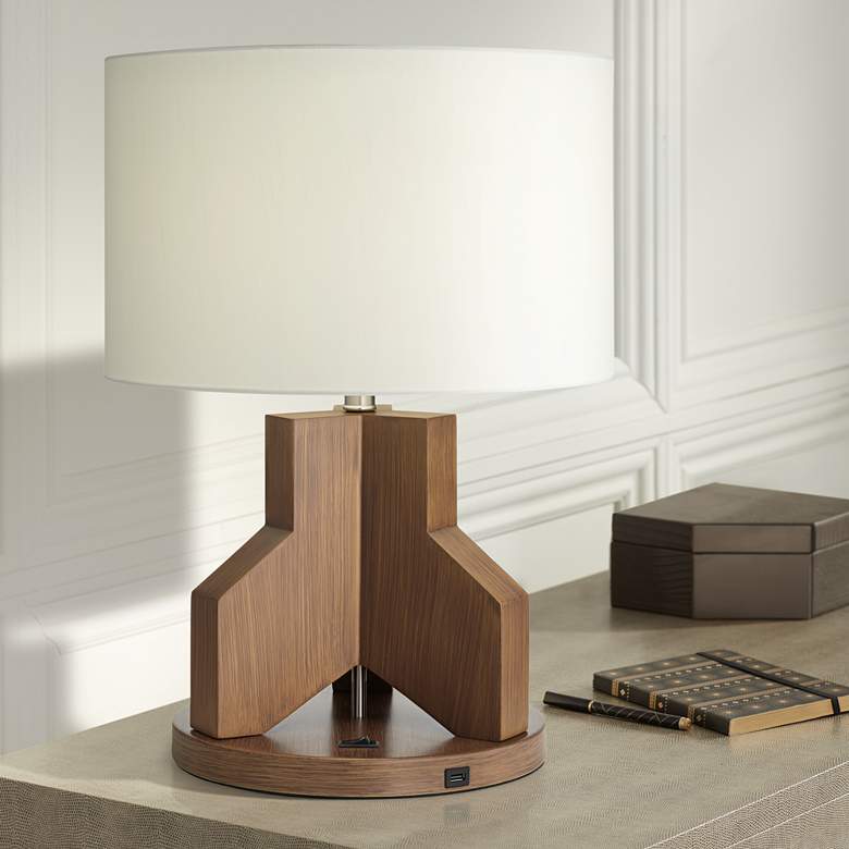 Image 1 90X51 - Tripod Walnut Look Table Lamp with 1 USB at Base