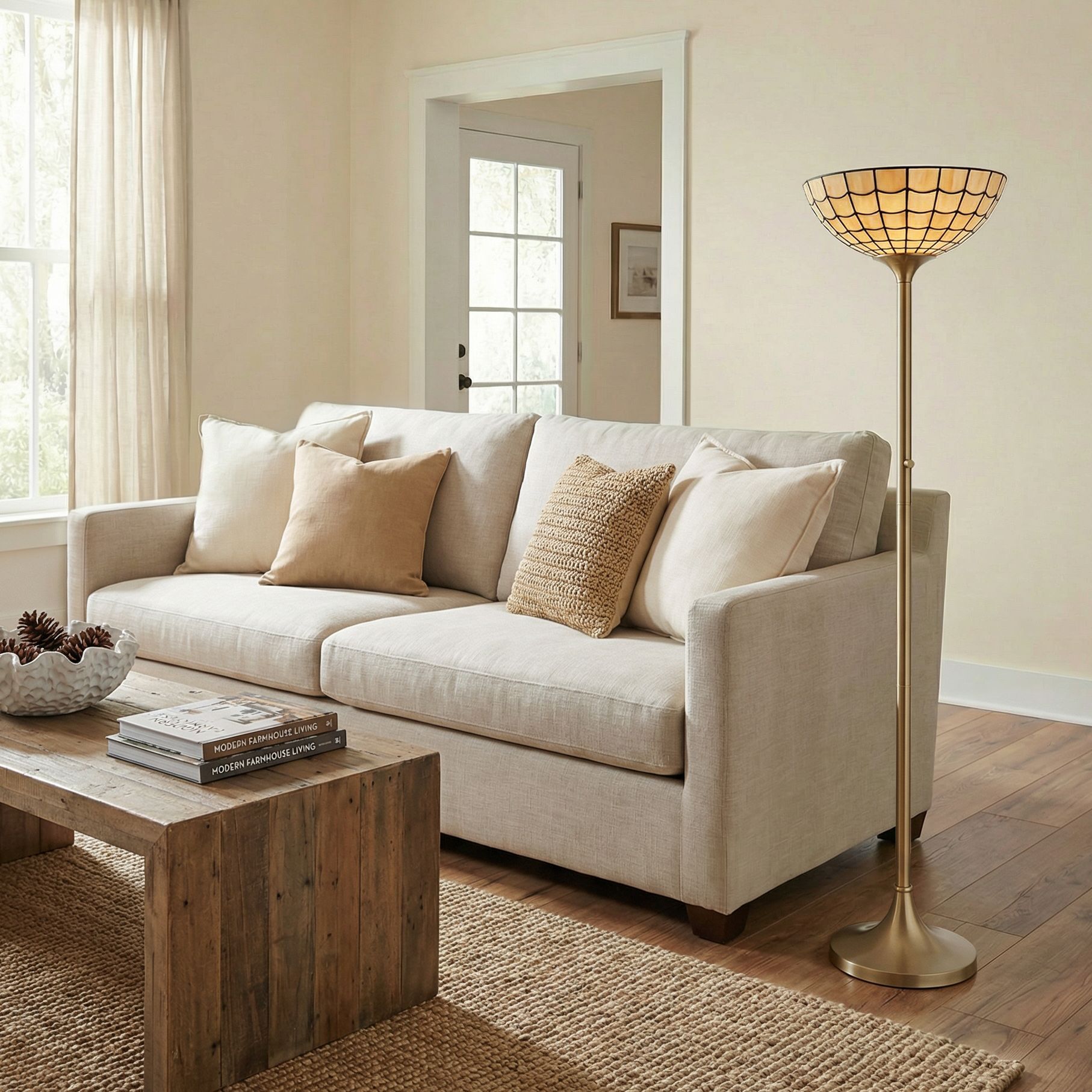 Image 1 Robert Louis Tiffany Covina 71 1/4" High Brass Torchiere Floor Lamp in scene