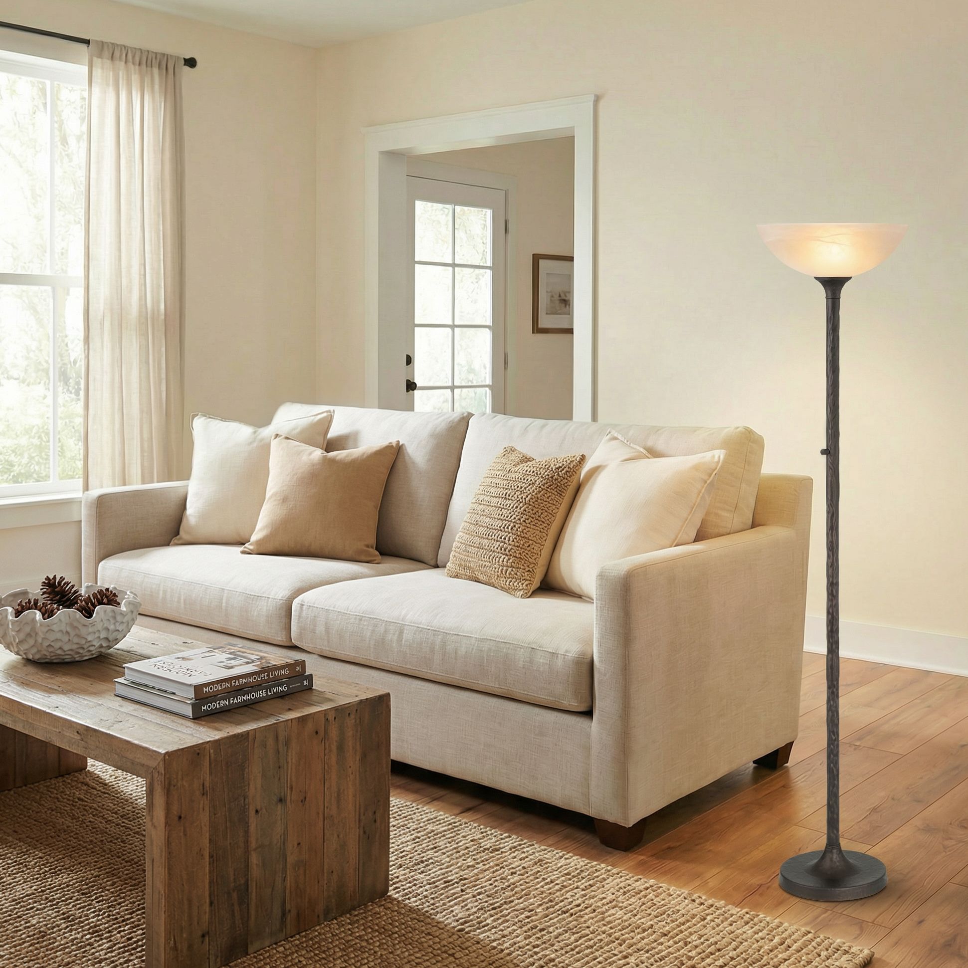 Image 1 Tucson 71 1/4"H Hammered Bronze Alabaster Glass Torchiere Floor Lamp in scene