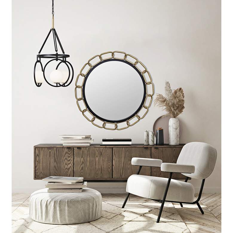 Image 1 Varaluz Chains of Love 30" Matte Black Textured Gold Round Wall Mirror in scene