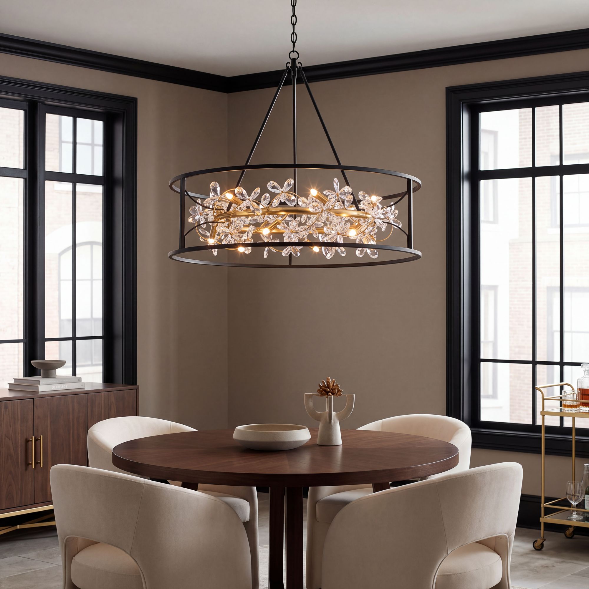 Thumbnail1 of Possini Euro Carrine 35" Wide Black and Gold 12-Light LED Ring Pendant in scene