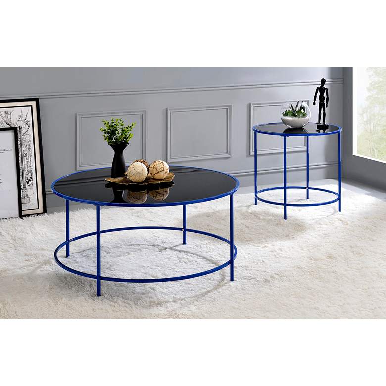Fontayn 36&quot; Wide Blue Metal Black Glass Round Coffee Table in scene