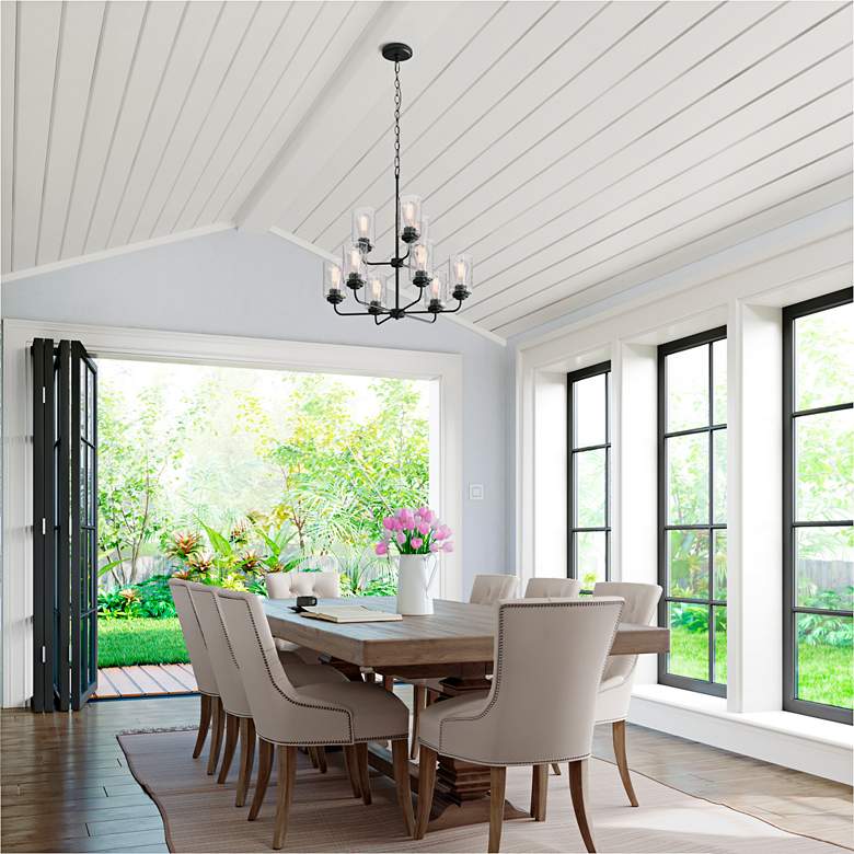 Image 1 Moven 28" Wide Matte Black 9-Light Chandelier in scene