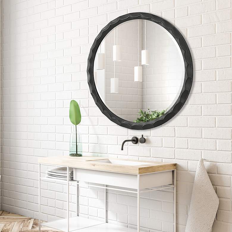 Image 1 Scalloped Edge Aged Black 38" Round Wall Mirror in scene