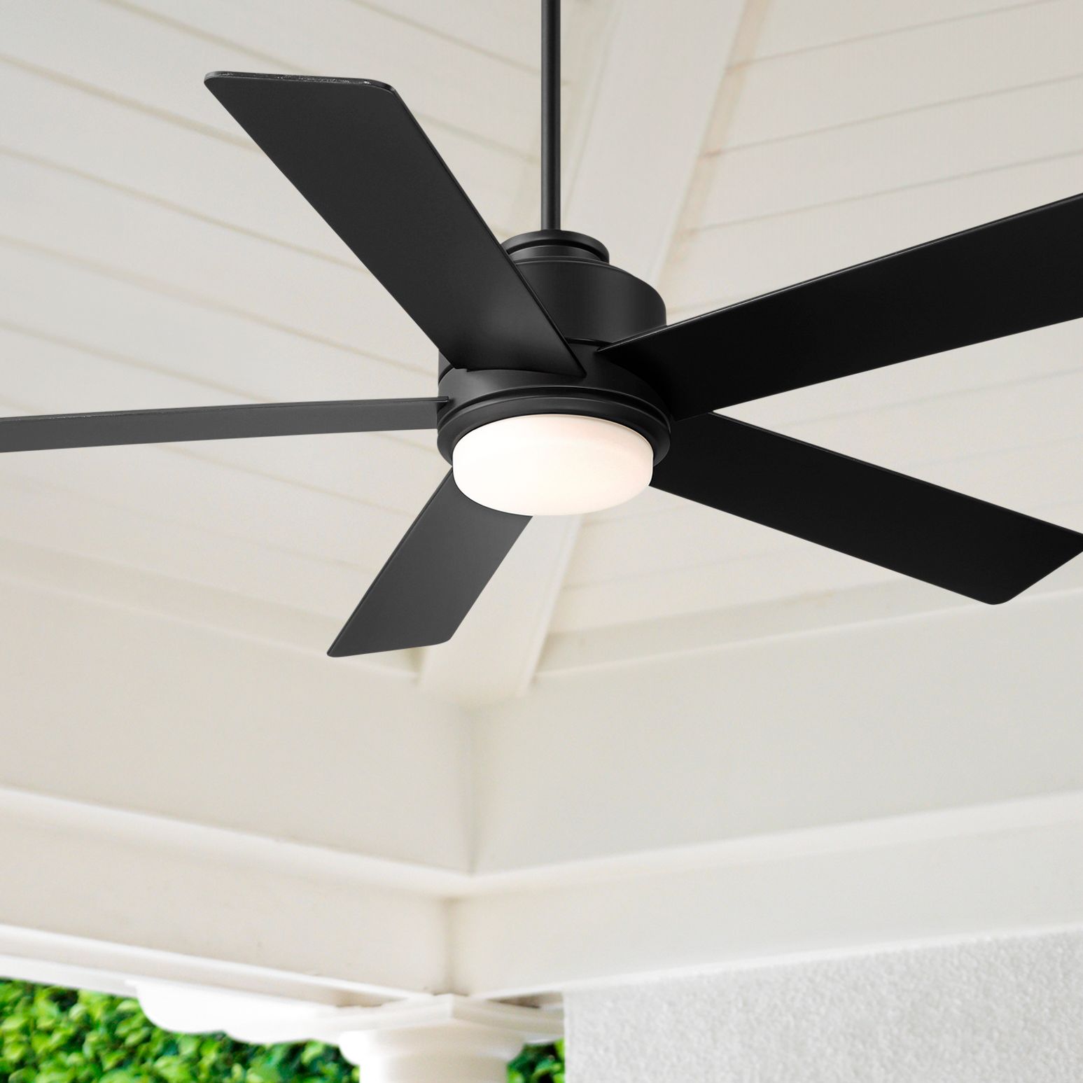 Image 1 52" Casa Vieja Grand Palm Matte Black LED Damp Rated Fan with Remote in scene